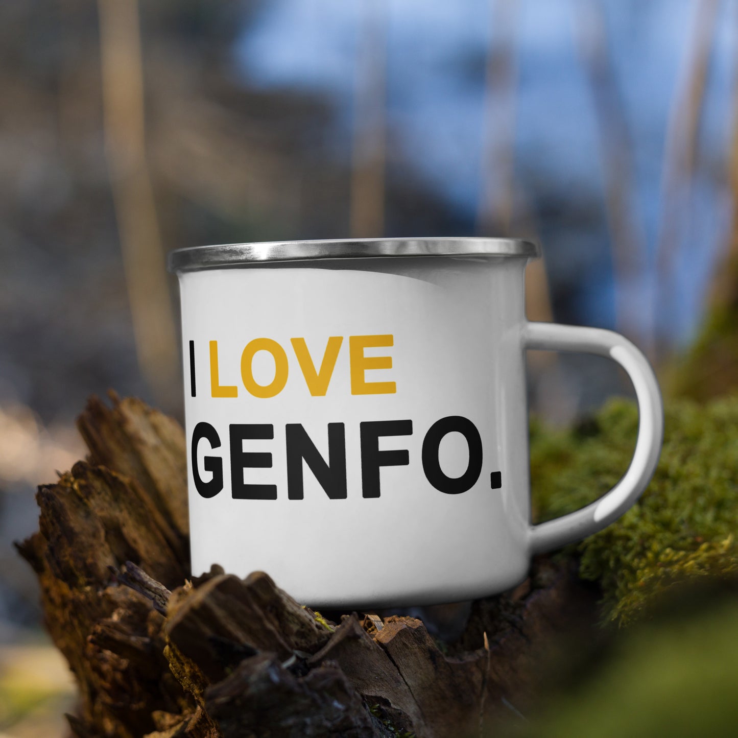 Enamel 'Genfo' Outdoors Mug